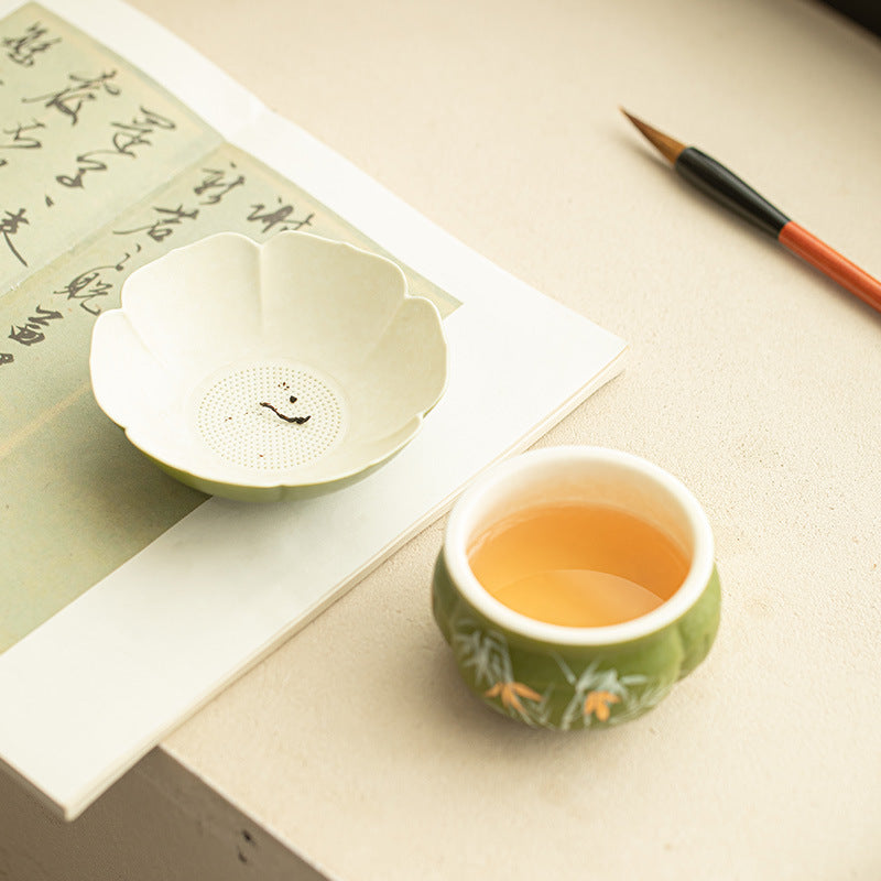 Jingdezhen Hand-Painted Bamboo Shadow Cyan-Orange Ceramic Tea Strainer Set - 2pc Teaware Accessories