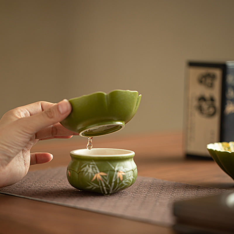 Jingdezhen Hand-Painted Bamboo Shadow Cyan-Orange Ceramic Tea Strainer Set - 2pc Teaware Accessories