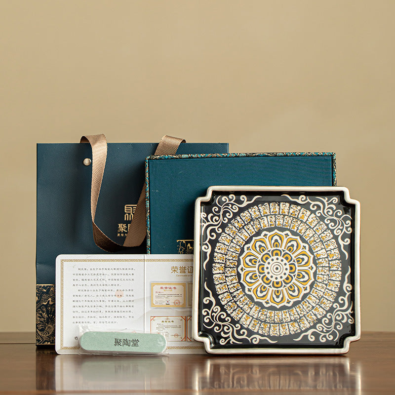 Authentic Jingdezhen Silver-Gilt Thousand-Buddha Ceramic Square Tea Tray - 19cm Teaware Accessories