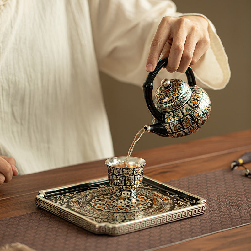 Authentic Jingdezhen Silver-Gilt Thousand-Buddha Ceramic Square Tea Tray - 19cm Teaware Accessories