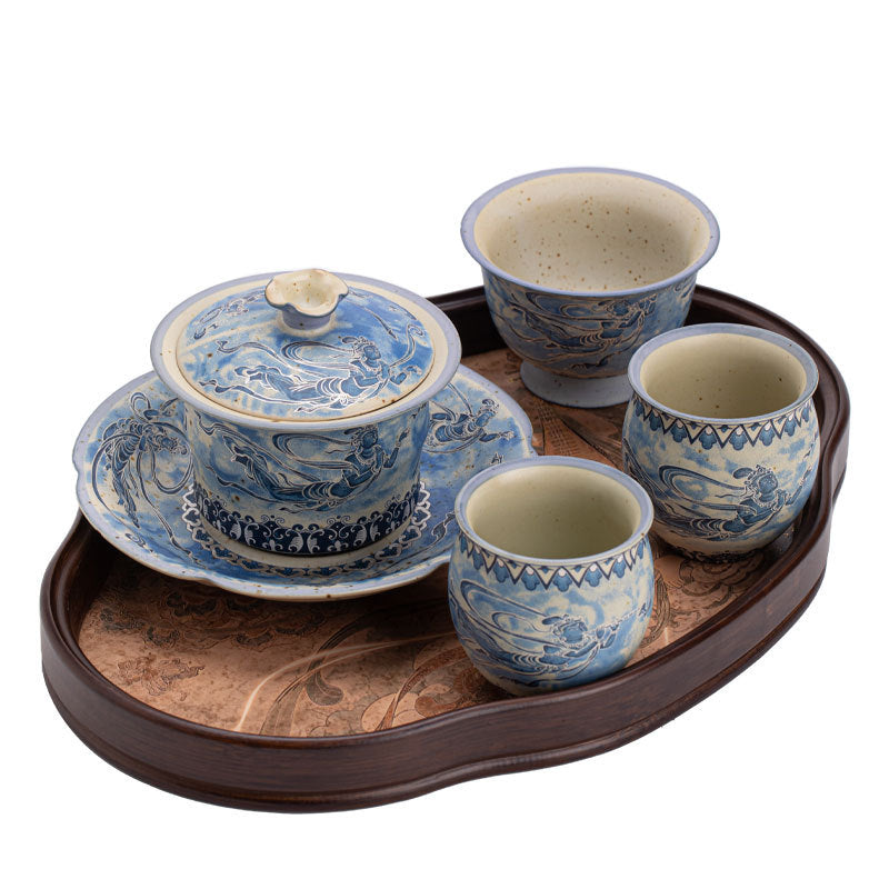 Authentic Jingdezhen Dunhuang Flying Apsaras Blue & White Gaiwan Teaware Set - 6pc Gongfu Tea Set