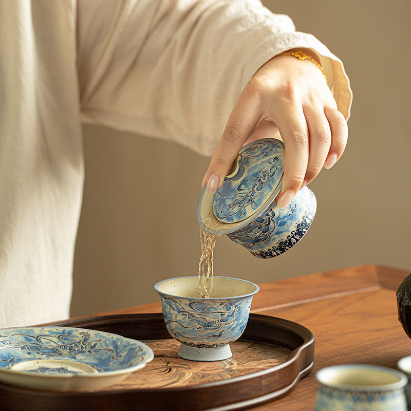 Authentic Jingdezhen Dunhuang Flying Apsaras Blue & White Gaiwan Teaware Set - 6pc Gongfu Tea Set