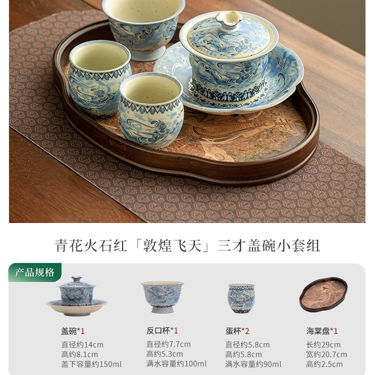 Authentic Jingdezhen Dunhuang Flying Apsaras Blue & White Gaiwan Teaware Set - 6pc Gongfu Tea Set