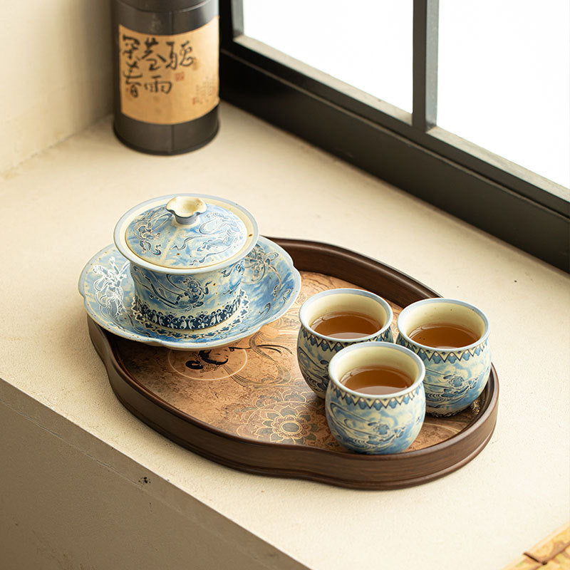 Authentic Jingdezhen Dunhuang Flying Apsaras Blue & White Gaiwan Teaware Set - 6pc Gongfu Tea Set