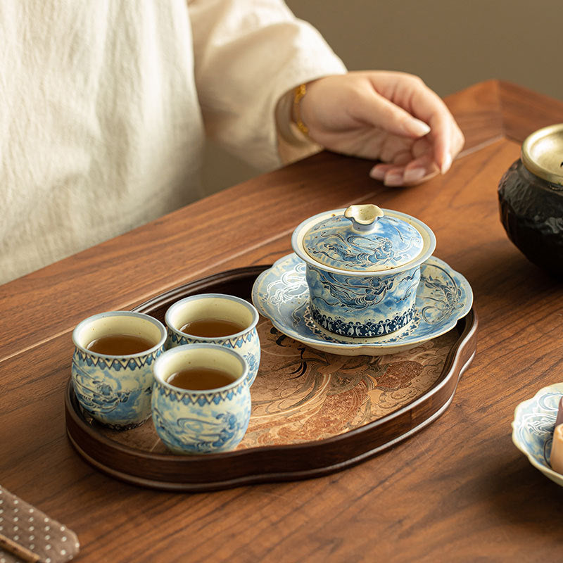 Authentic Jingdezhen Dunhuang Flying Apsaras Blue & White Gaiwan Teaware Set - 6pc Gongfu Tea Set