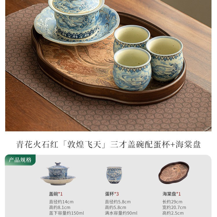 Authentic Jingdezhen Dunhuang Flying Apsaras Blue & White Gaiwan Teaware Set - 6pc Gongfu Tea Set