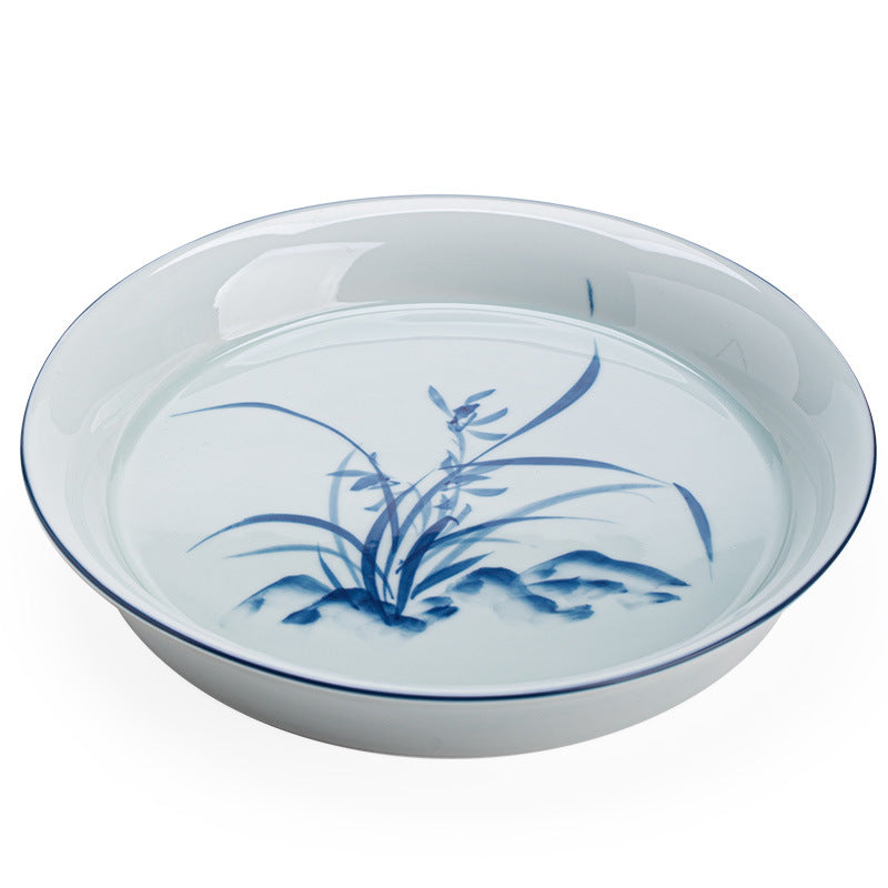 Authentic Jingdezhen Antique Blue Glaze Hand-Painted Orchid Ceramic Pot Bearer Tray - 19cm Teaware Accessories