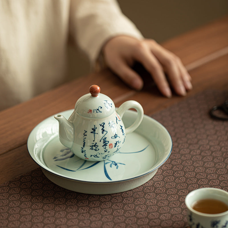 Authentic Jingdezhen Antique Blue Glaze Hand-Painted Orchid Ceramic Pot Bearer Tray - 19cm Teaware Accessories
