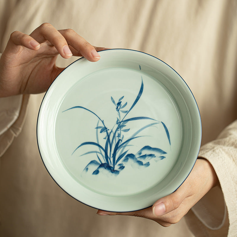 Authentic Jingdezhen Antique Blue Glaze Hand-Painted Orchid Ceramic Pot Bearer Tray - 19cm Teaware Accessories
