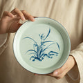Authentic Jingdezhen Antique Blue Glaze Hand-Painted Orchid Ceramic Pot Bearer Tray - 19cm Teaware Accessories