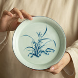 Authentic Jingdezhen Antique Blue Glaze Hand-Painted Orchid Ceramic Pot Bearer Tray - 19cm Teaware Accessories