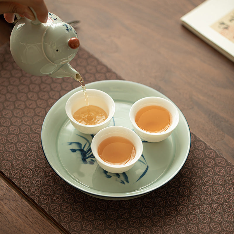 Authentic Jingdezhen Antique Blue Glaze Hand-Painted Orchid Ceramic Pot Bearer Tray - 19cm Teaware Accessories