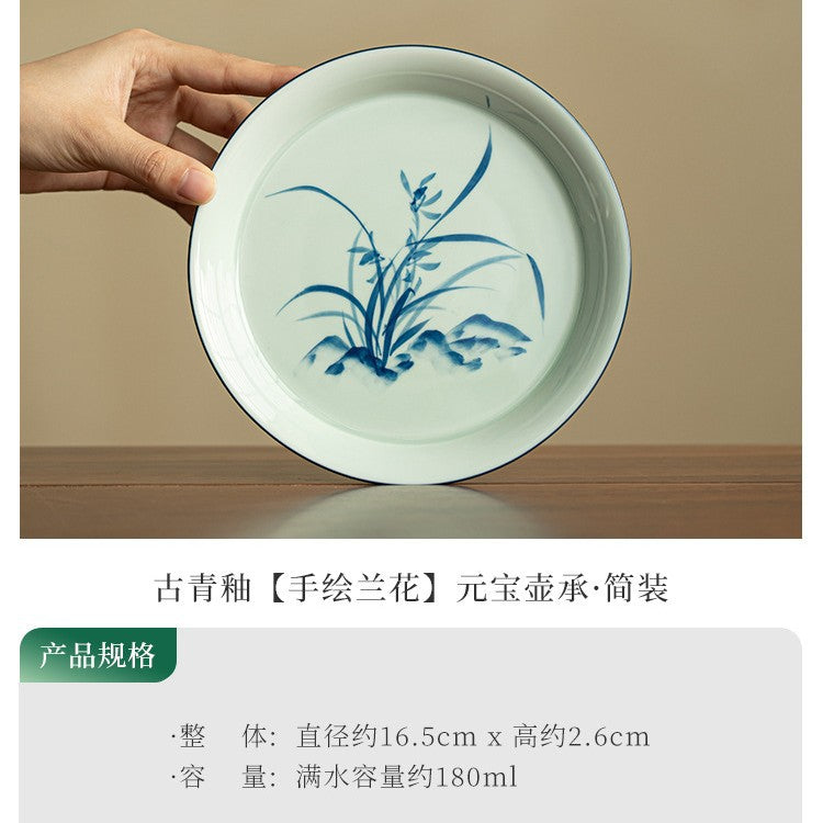 Authentic Jingdezhen Antique Blue Glaze Hand-Painted Orchid Ceramic Pot Bearer Tray - 19cm Teaware Accessories