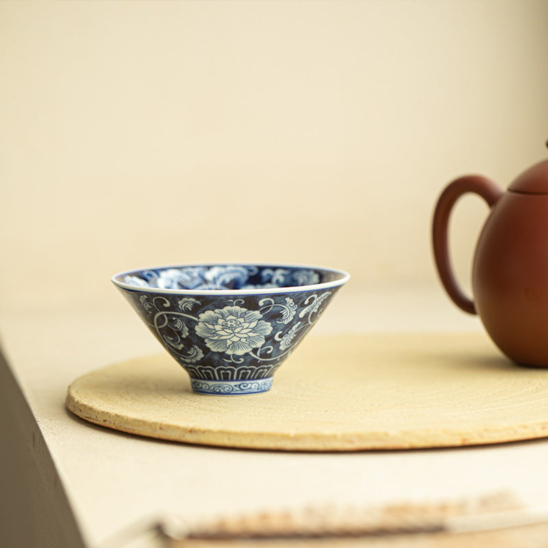 Antique Blue & White Intertwined Lotus Peony Conical Ceramic Teacup - 65ml Anti-Scald Gongfu Master Cup