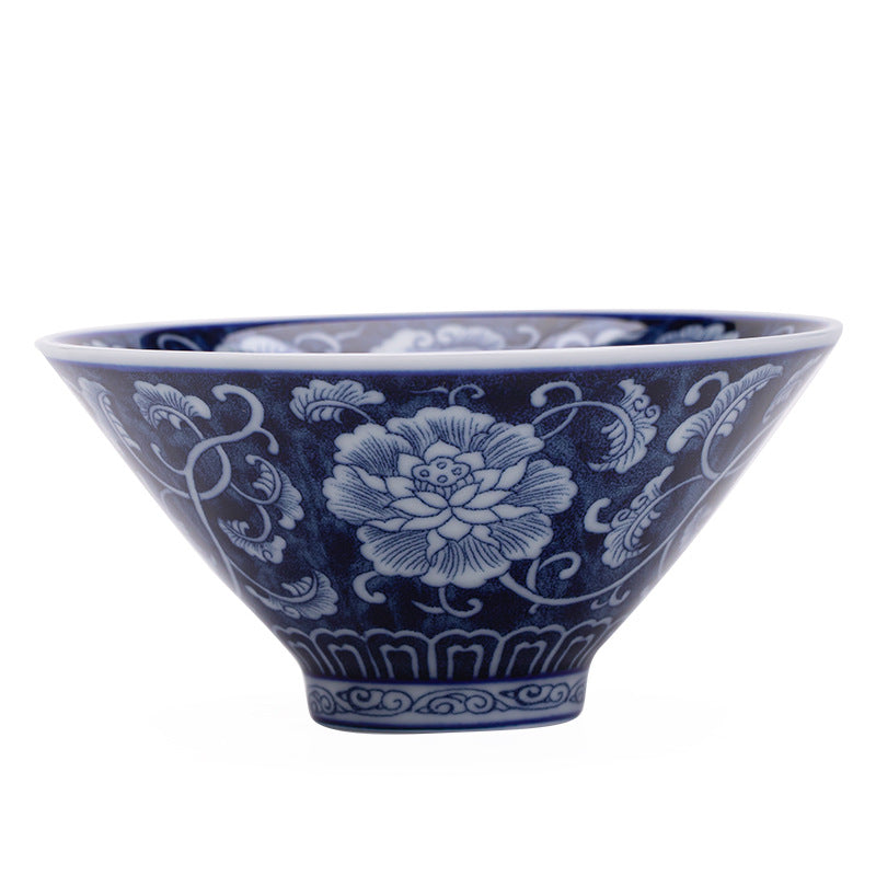 Antique Blue & White Intertwined Lotus Peony Conical Ceramic Teacup - 65ml Anti-Scald Gongfu Master Cup