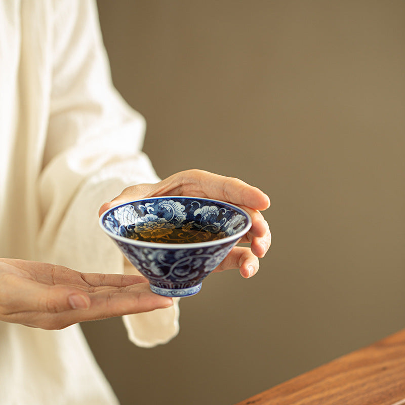 Antique Blue & White Intertwined Lotus Peony Conical Ceramic Teacup - 65ml Anti-Scald Gongfu Master Cup