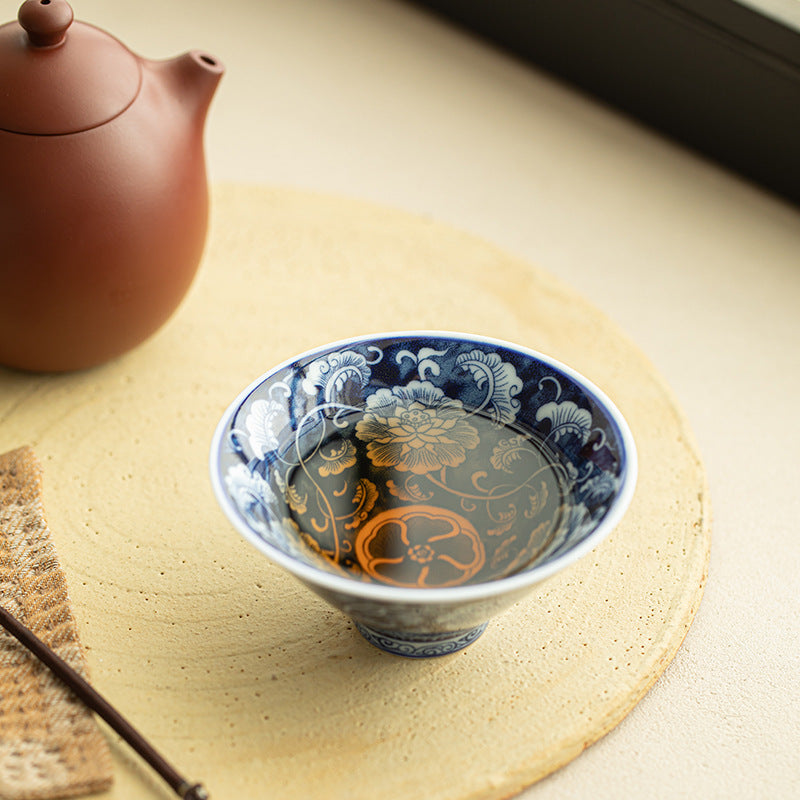 Antique Blue & White Intertwined Lotus Peony Conical Ceramic Teacup - 65ml Anti-Scald Gongfu Master Cup