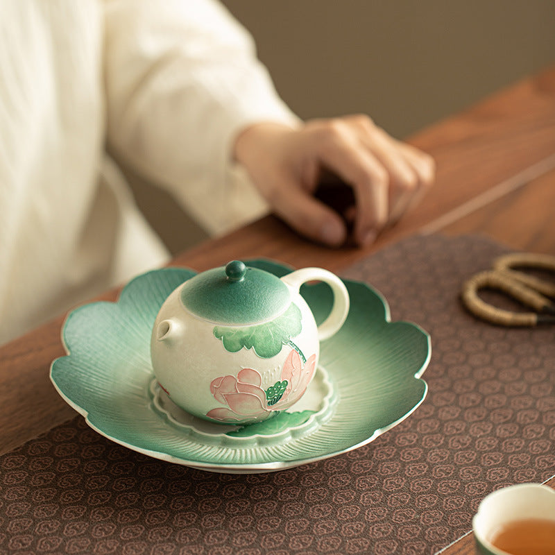 Hand-Painted Peacock Green Vintage Lotus Ceramic Teapot Stand & Saucer - 18cm Teaware Accessories