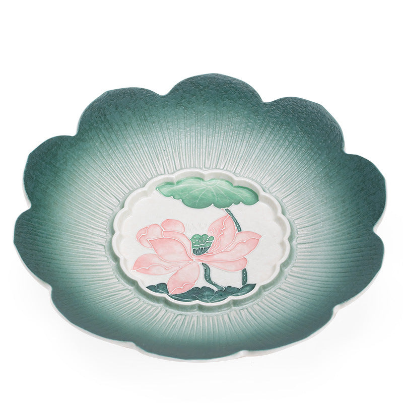 Hand-Painted Peacock Green Vintage Lotus Ceramic Teapot Stand & Saucer - 18cm Teaware Accessories