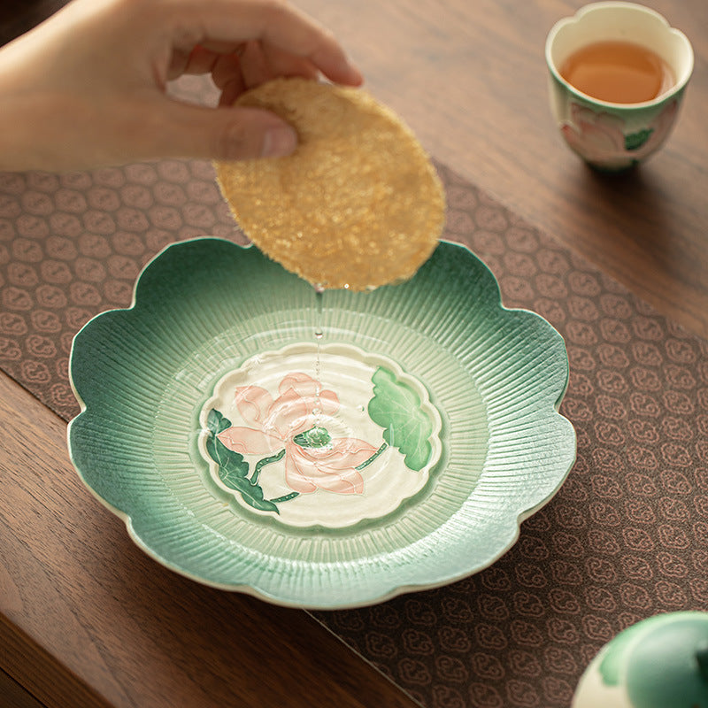 Hand-Painted Peacock Green Vintage Lotus Ceramic Teapot Stand & Saucer - 18cm Teaware Accessories