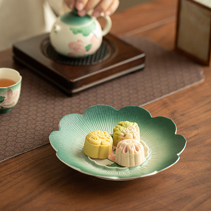 Hand-Painted Peacock Green Vintage Lotus Ceramic Teapot Stand & Saucer - 18cm Teaware Accessories