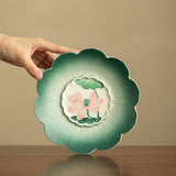 Hand-Painted Peacock Green Vintage Lotus Ceramic Teapot Stand & Saucer - 18cm Teaware Accessories