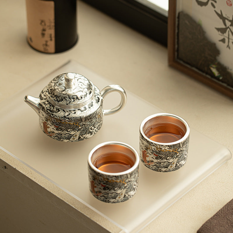 Authentic Jingdezhen Silver-Gilt Ink Dragon Ceramic Teapot & 2 Cups Set - 180ml Luxury Gongfu Tea Set