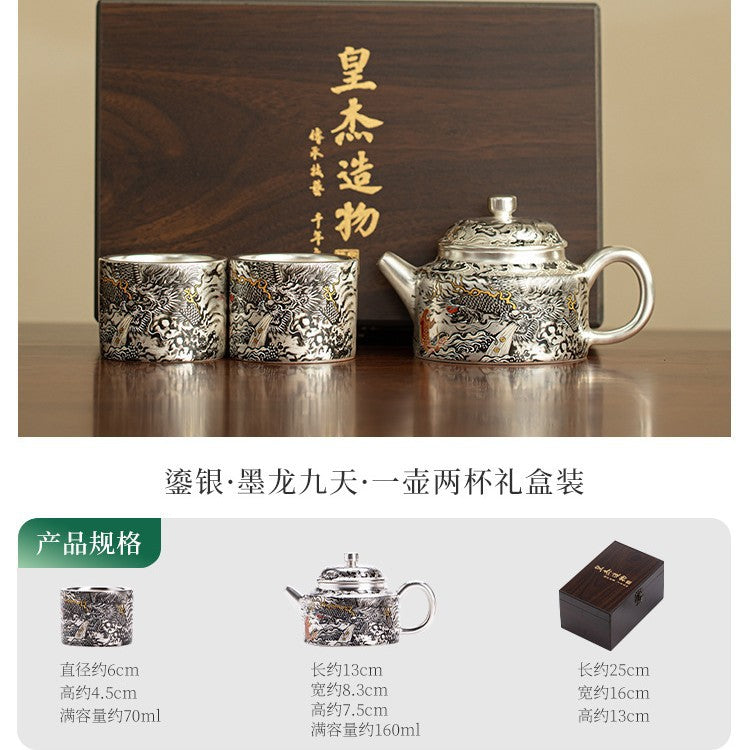 Authentic Jingdezhen Silver-Gilt Ink Dragon Ceramic Teapot & 2 Cups Set - 180ml Luxury Gongfu Tea Set