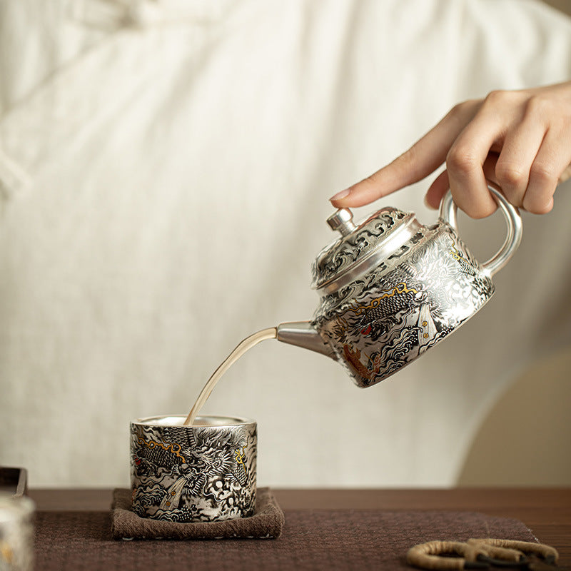 Authentic Jingdezhen Silver-Gilt Ink Dragon Ceramic Teapot & 2 Cups Set - 180ml Luxury Gongfu Tea Set