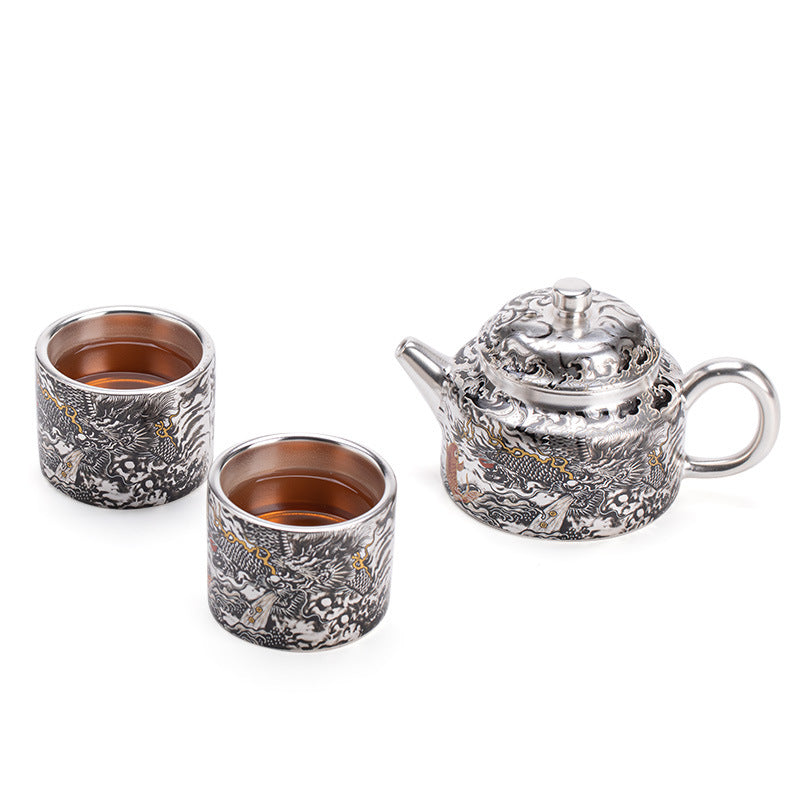 Authentic Jingdezhen Silver-Gilt Ink Dragon Ceramic Teapot & 2 Cups Set - 180ml Luxury Gongfu Tea Set
