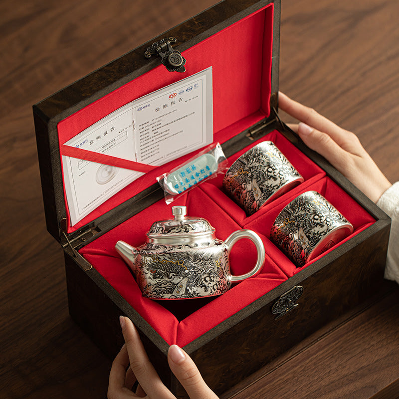 Authentic Jingdezhen Silver-Gilt Ink Dragon Ceramic Teapot & 2 Cups Set - 180ml Luxury Gongfu Tea Set