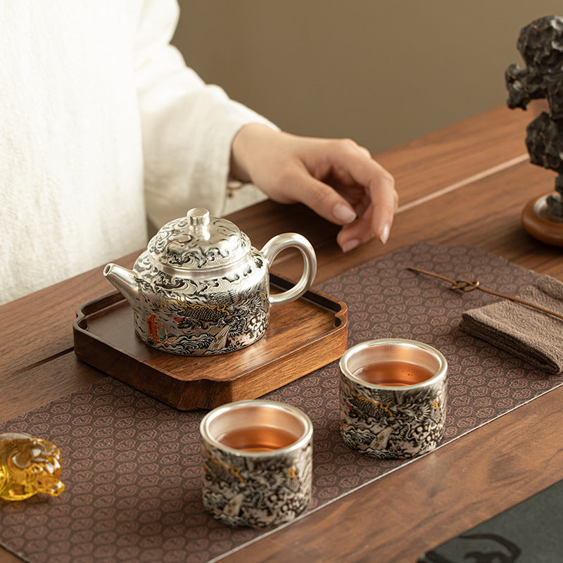 Authentic Jingdezhen Silver-Gilt Ink Dragon Ceramic Teapot & 2 Cups Set - 180ml Luxury Gongfu Tea Set