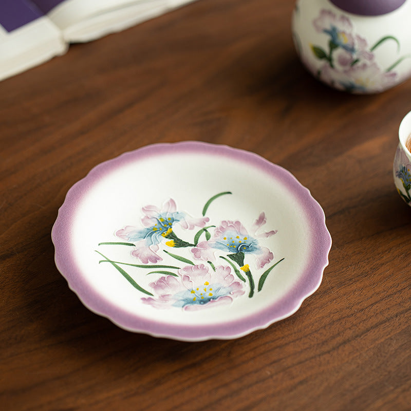 Hand-Painted Embossed Relief Purple Iris Ceramic Teapot Stand & Saucer - 18cm Teaware Accessories