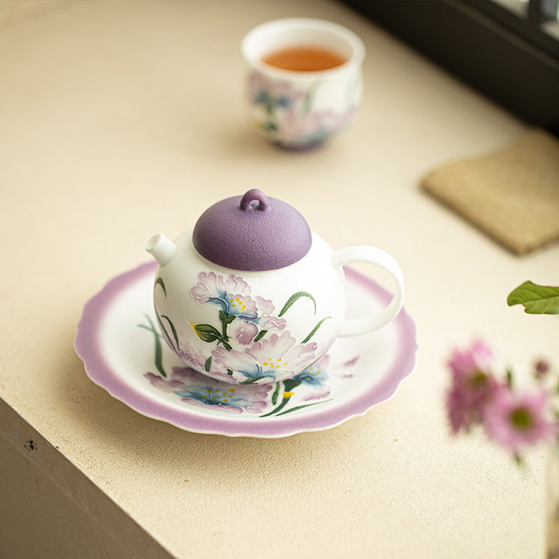 Hand-Painted Embossed Relief Purple Iris Ceramic Teapot Stand & Saucer - 18cm Teaware Accessories