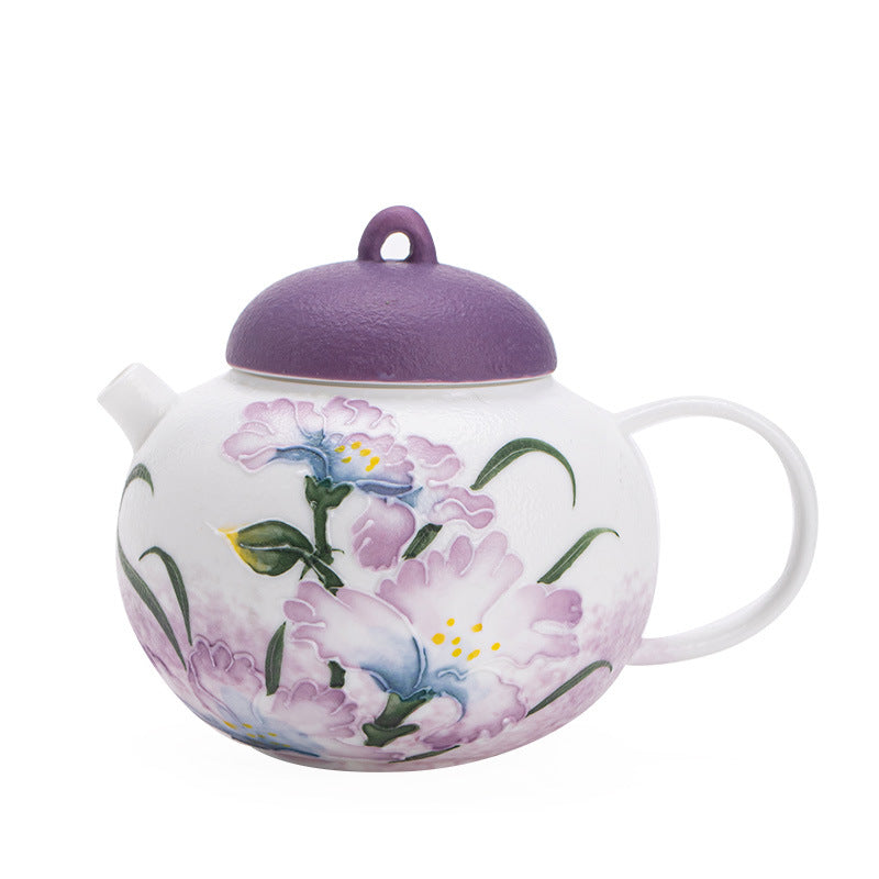 Hand-Painted Embossed Relief Purple Iris Ceramic Teapot Stand & Saucer - 18cm Teaware Accessories