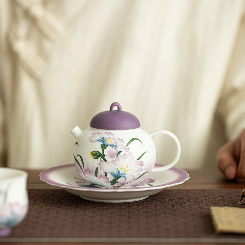 Hand-Painted Embossed Relief Purple Iris Ceramic Teapot Stand & Saucer - 18cm Teaware Accessories