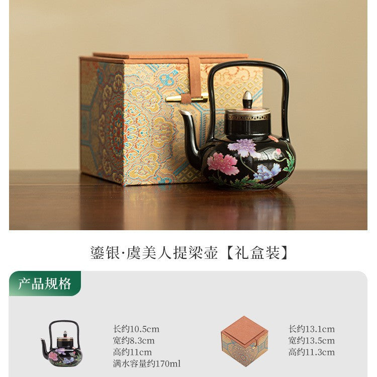 Authentic Jingdezhen Silver-Gilt Palace Lantern Beam-Handle Ceramic Teapot - 220ml Luxury Gongfu Kettle