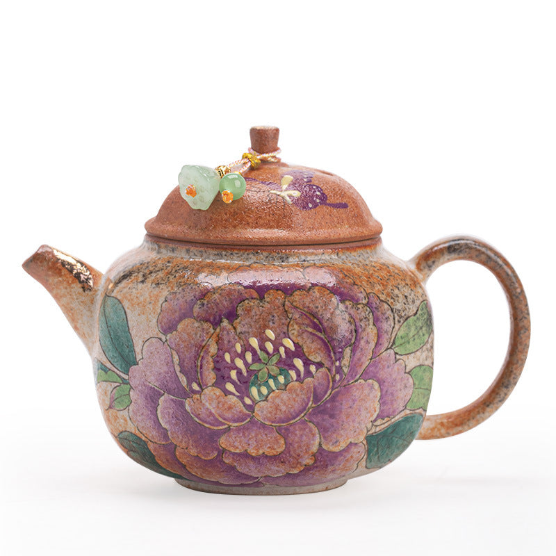 Hand-Painted Peony Shino Glaze Wood-Fired Octagonal Ceramic Teapot - 180ml Gongfu Steeping Teapot