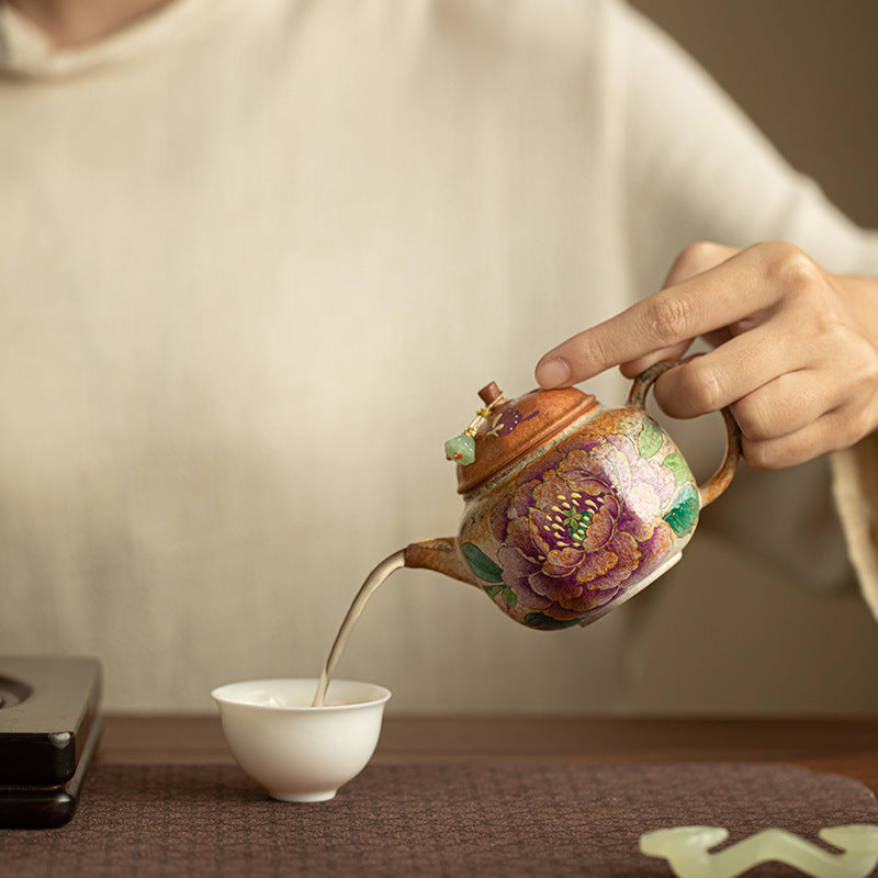 Hand-Painted Peony Shino Glaze Wood-Fired Octagonal Ceramic Teapot - 180ml Gongfu Steeping Teapot