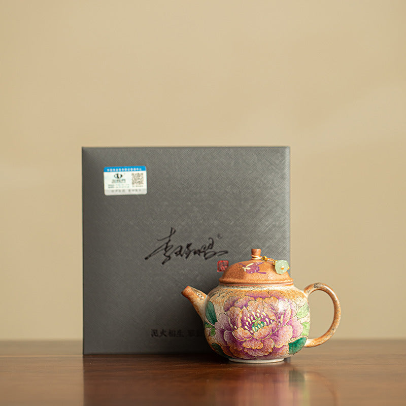 Hand-Painted Peony Shino Glaze Wood-Fired Octagonal Ceramic Teapot - 180ml Gongfu Steeping Teapot