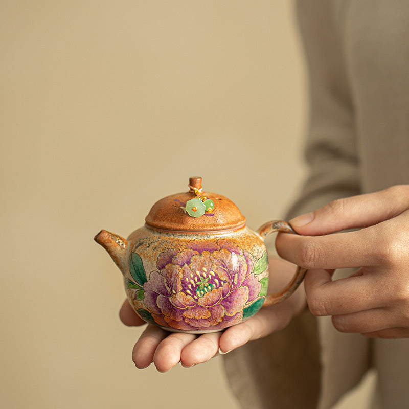 Hand-Painted Peony Shino Glaze Wood-Fired Octagonal Ceramic Teapot - 180ml Gongfu Steeping Teapot