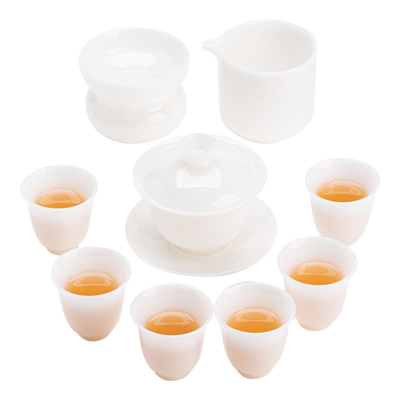 Authentic Dehua Ice Mutton-Fat Jade Porcelain 10-Piece Gongfu Tea Set - Luxury Brocade Gift Vault