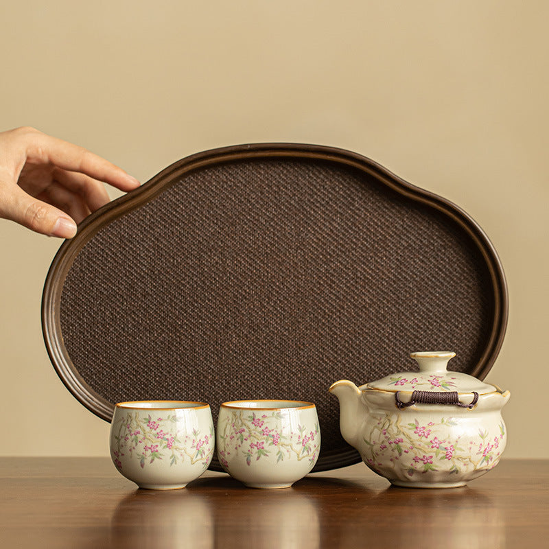 Authentic Dehua Beige Ru Ware Ceramic Hand-Grip Teapot Set with Tray - Complete Portable Tea Suite