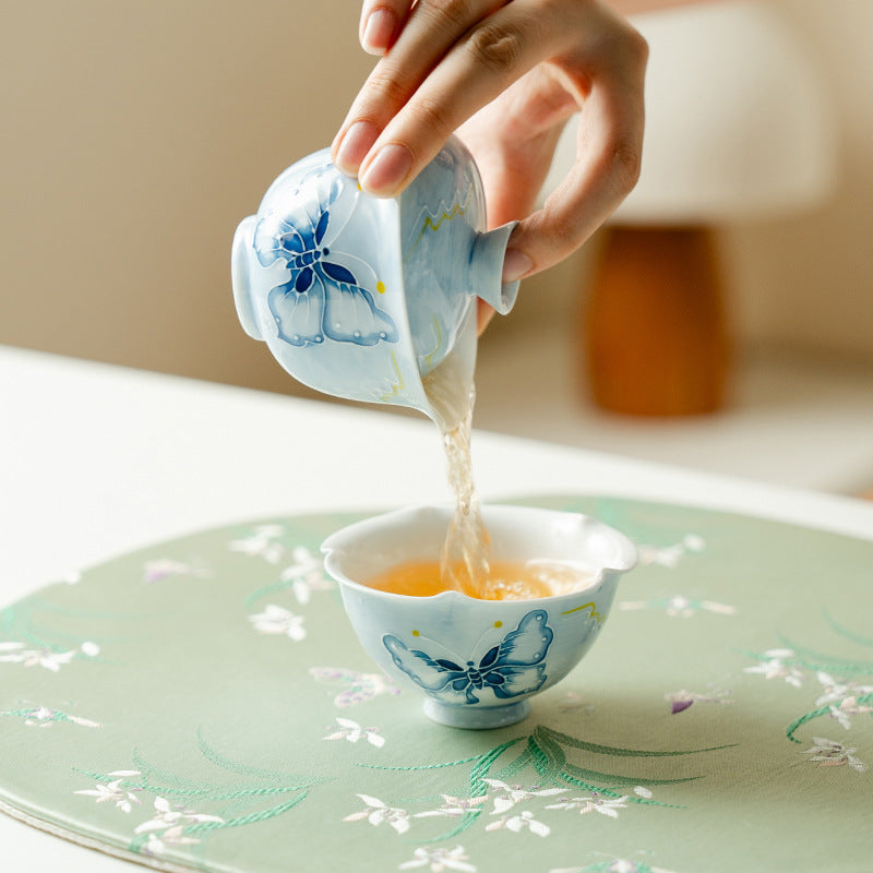 Handcrafted Dreamy Blue Butterfly Relief Fuling Portable Travel Tea Set - 3pc Suite with Case