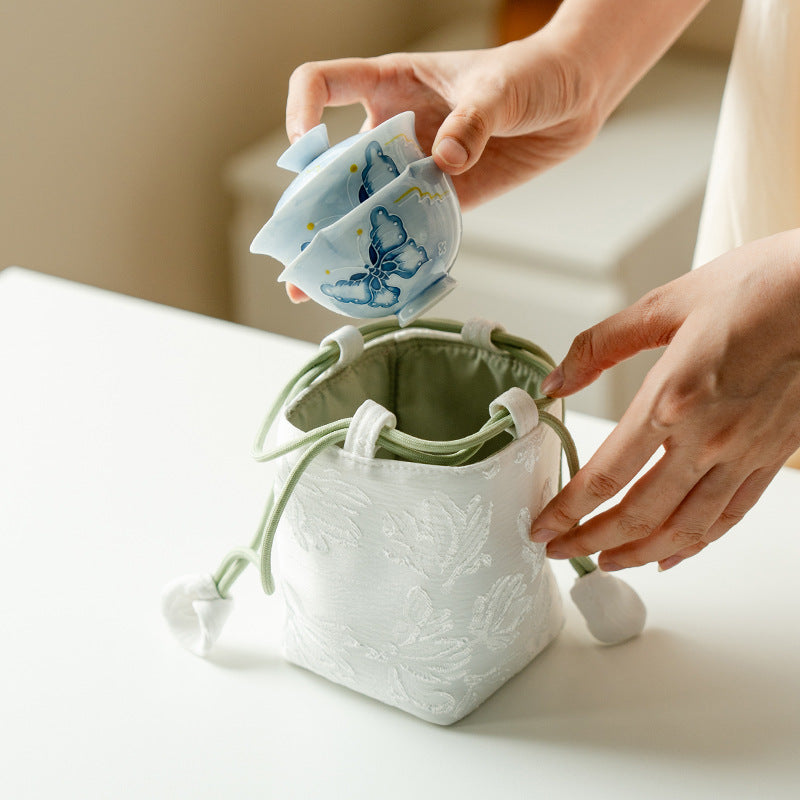 Handcrafted Dreamy Blue Butterfly Relief Fuling Portable Travel Tea Set - 3pc Suite with Case