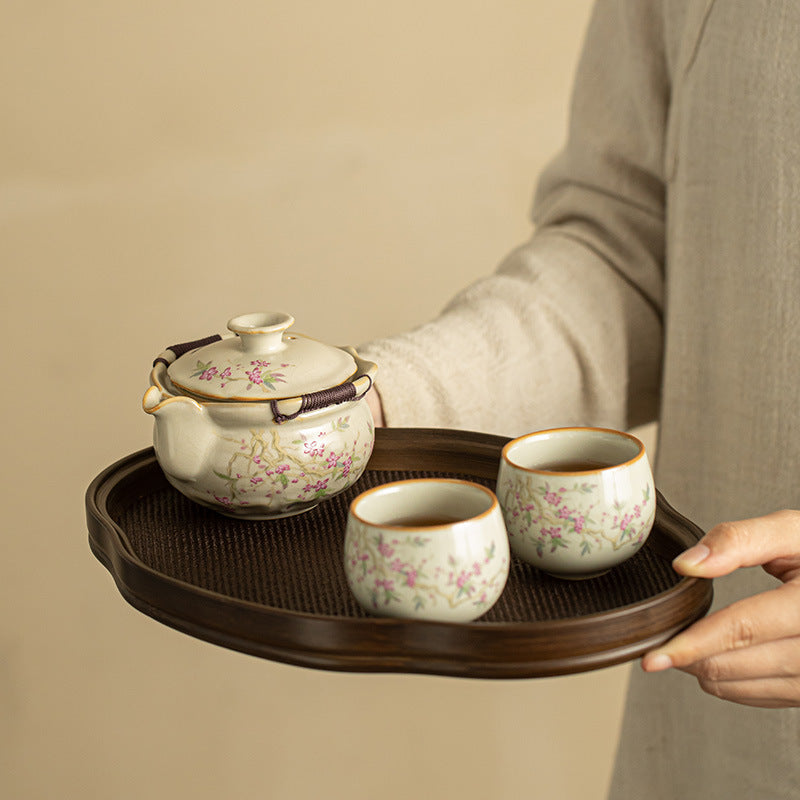 Authentic Dehua Beige Ru Ware Ceramic Hand-Grip Teapot Set with Tray - Complete Portable Tea Suite