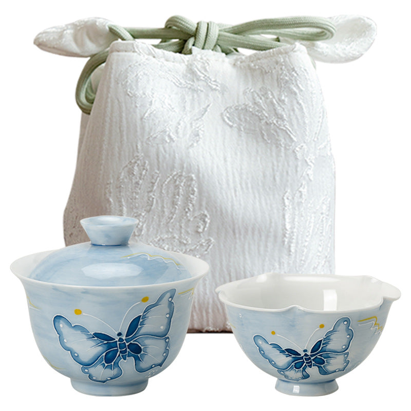 Handcrafted Dreamy Blue Butterfly Relief Fuling Portable Travel Tea Set - 3pc Suite with Case