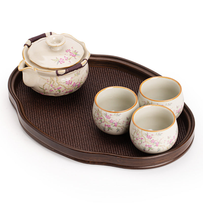 Authentic Dehua Beige Ru Ware Ceramic Hand-Grip Teapot Set with Tray - Complete Portable Tea Suite