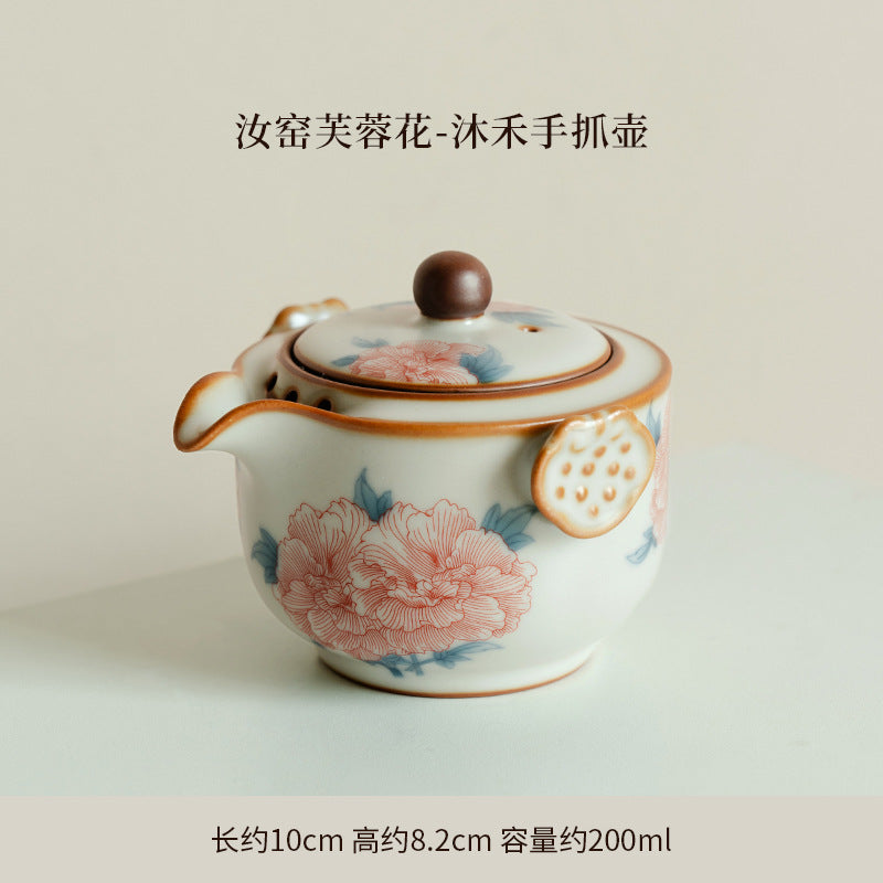 Authentic Ru Ware Celadon Hibiscus Flower Hand-Grip Teapot - 175ml Anti-Scald Pot
