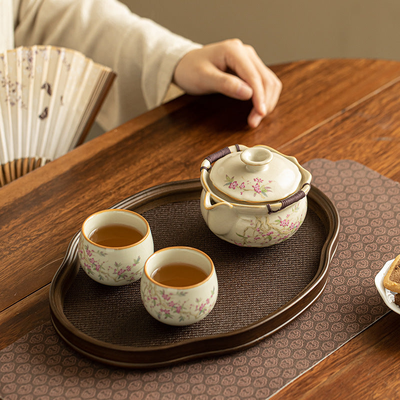Authentic Dehua Beige Ru Ware Ceramic Hand-Grip Teapot Set with Tray - Complete Portable Tea Suite